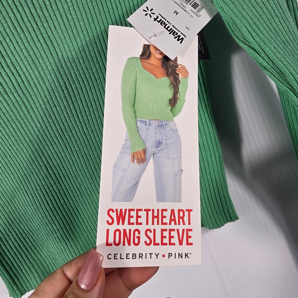 Celebrity Pink Womens Sweetheart Neck Ribbed Long Sleeve Cropped Top Green SizeM - Picture 8 of 10